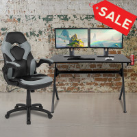Flash Furniture BLN-X10D1904-GY-GG Black Gaming Desk and Gray/Black Racing Chair Set with Cup Holder, Headphone Hook & 2 Wire Management Holes